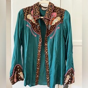Double D Ranch Teal and Leopard Print Western Shirt